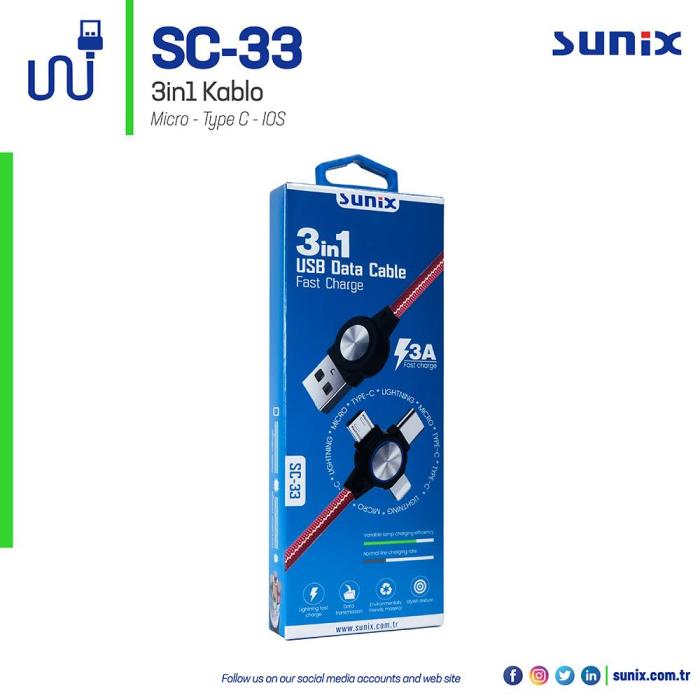 Sunix Sc33 3in1 Microusb + Type-c + Lightning 3 Amper 1 Metre Şarj
